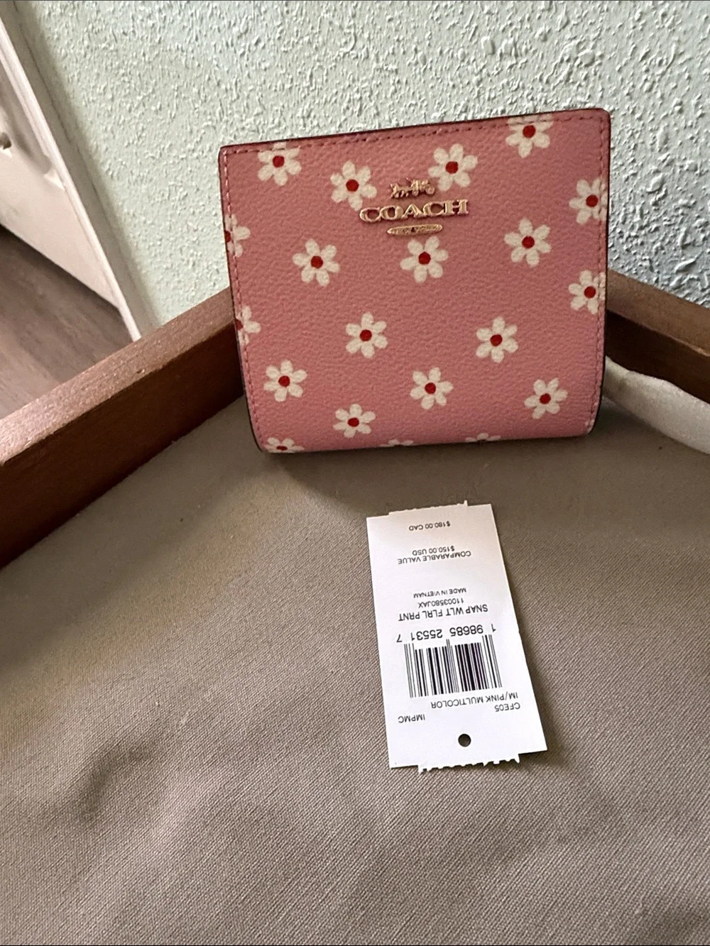 Coach Pink Floral Compact Wallet with Gold Logo
